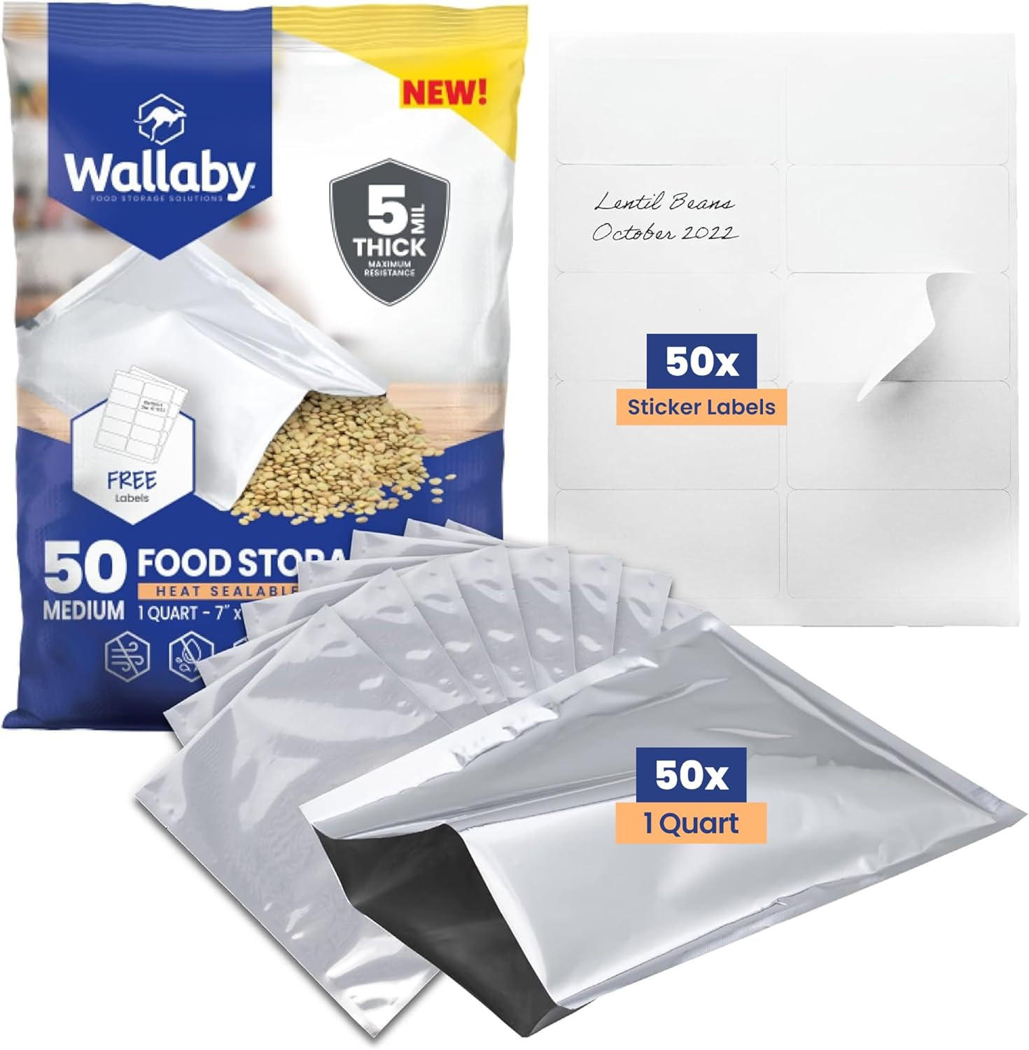 50 Count 1-Quart Mylar Bags with Labels, 5 Mil Total Thickness Long-Term Food St