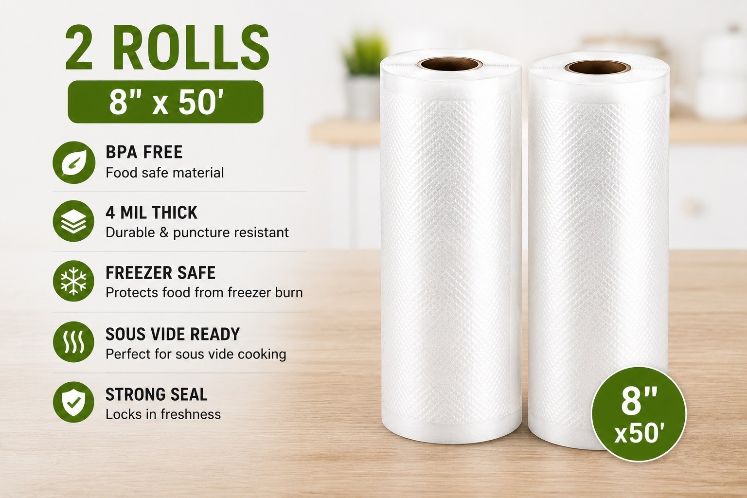 Vacuum Sealer Rolls 8″ x 50′ & 11″ x 50′ 2 Rolls or 4 Roll Combo BPA Free