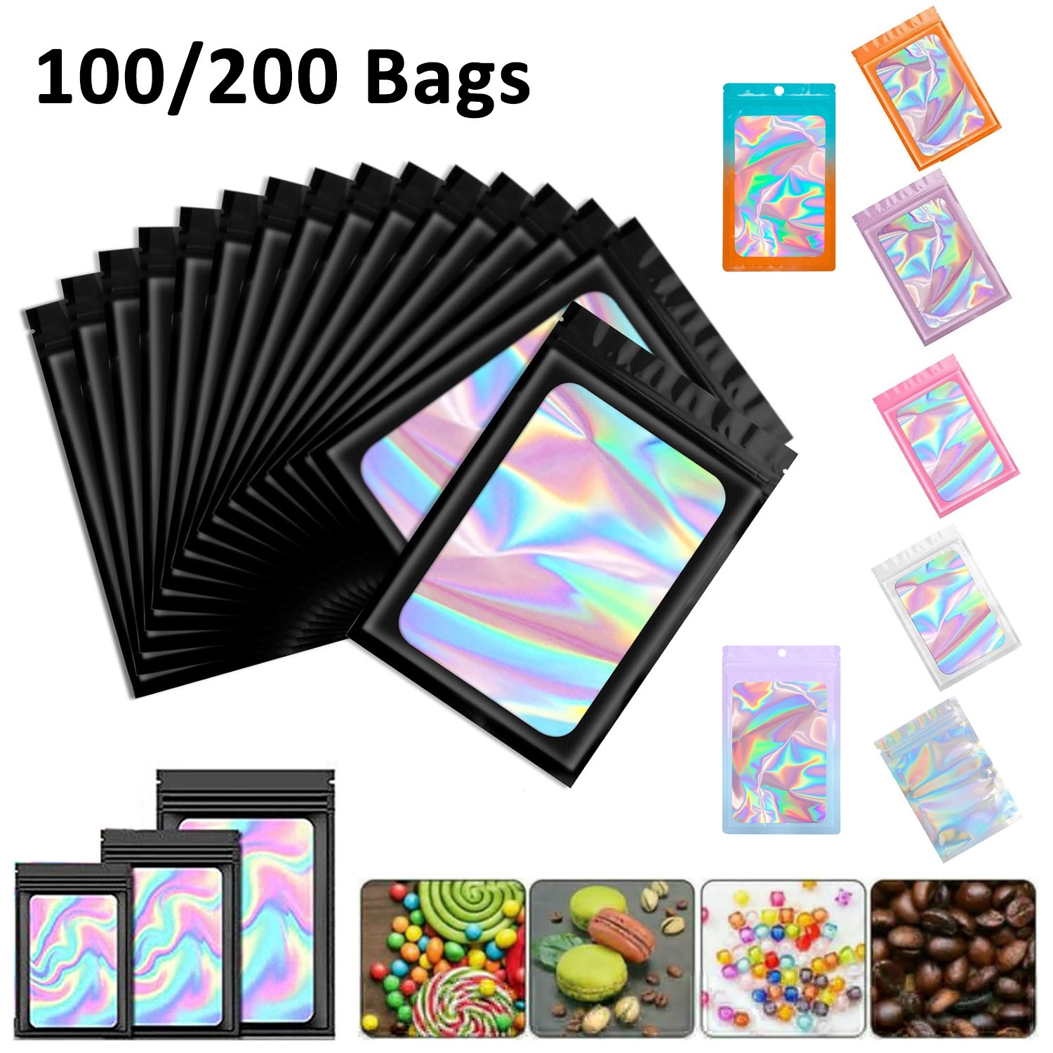 100/200Pcs Holographic Mylar Foil Bags Smell Proof Resealable Zip Seal Pouches