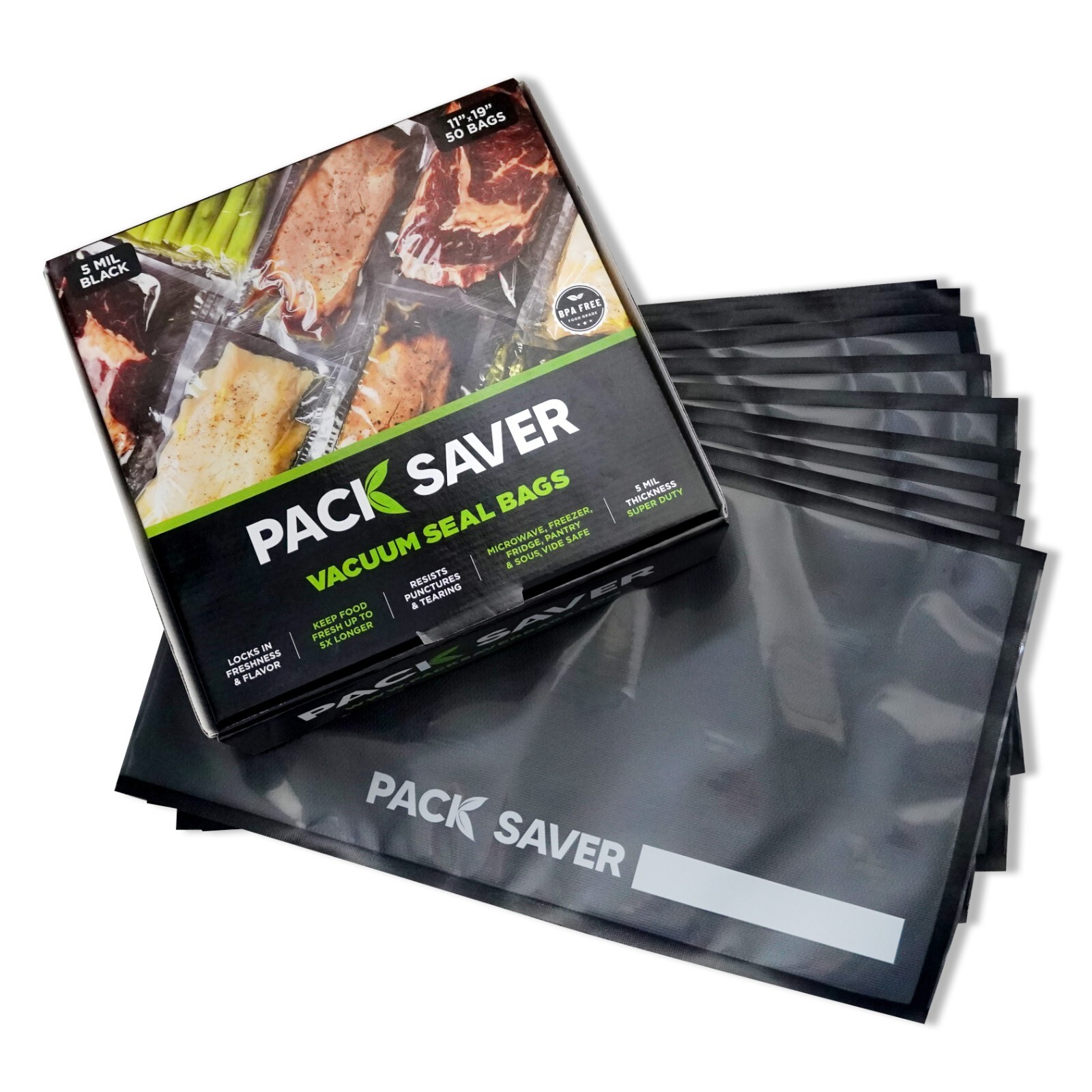Pack Saver Vacuum Seal Bags 50 Pre-Cut, 11″x19″, 5 mil, Food Storage, BPA Free