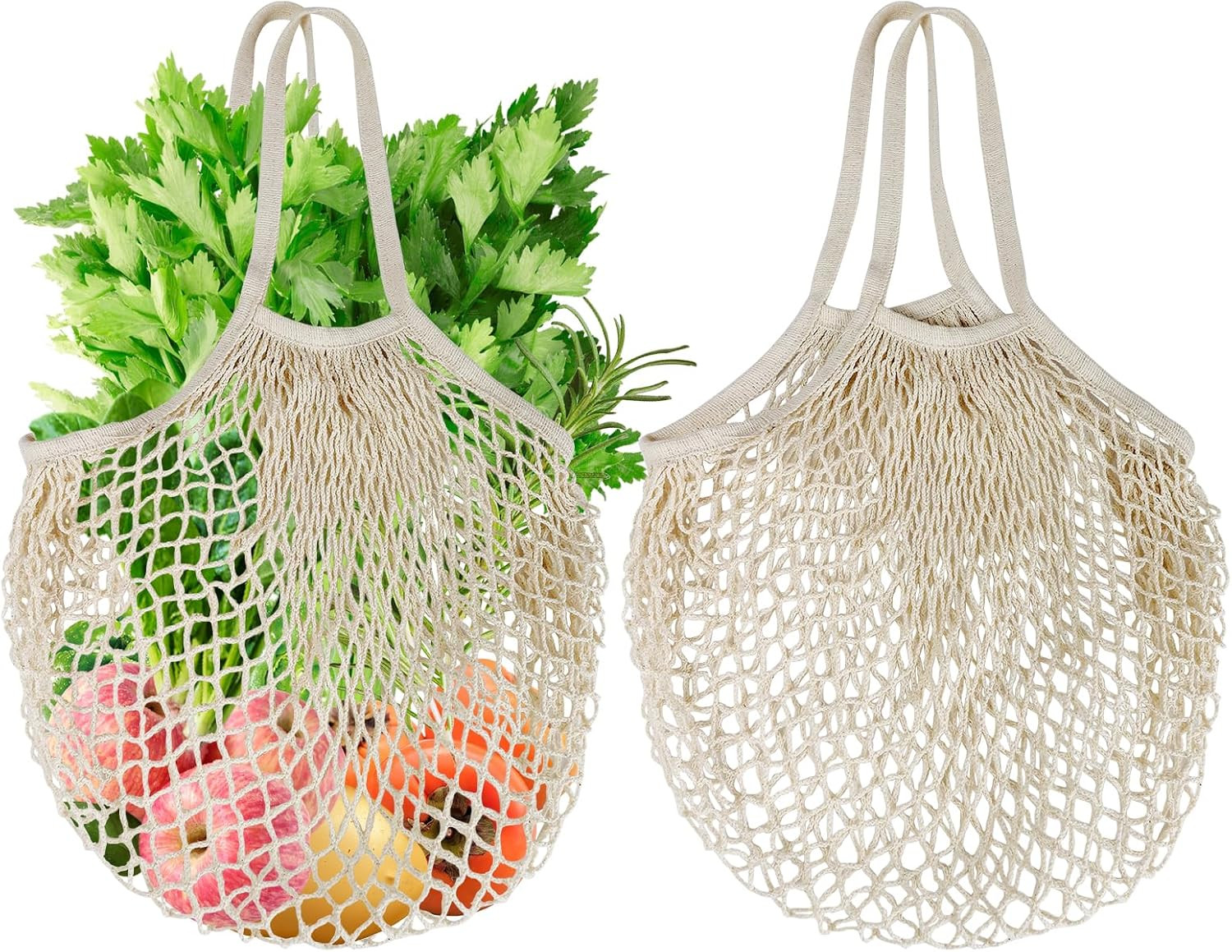2-Pack Reusable Mesh Grocery Bags, 100% Cotton String, Long Handle Produce Bags,