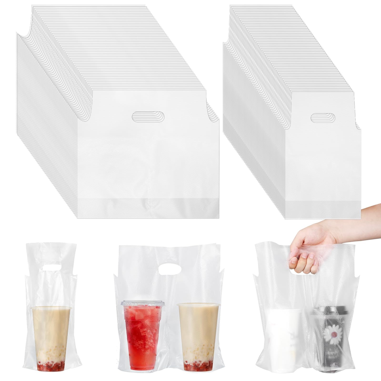 400Pcs Single Drink Carrier Bags with Handle Disposable 2 Cup Holder Togo Cof…