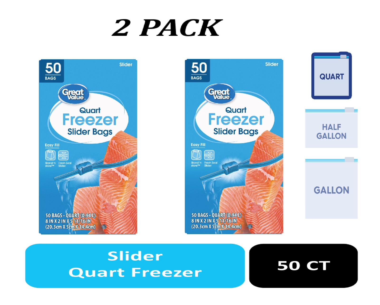 (2 PACK) Great Value Freezer Guard Slider Zipper Bags, Quart Freezer, 50 Count.