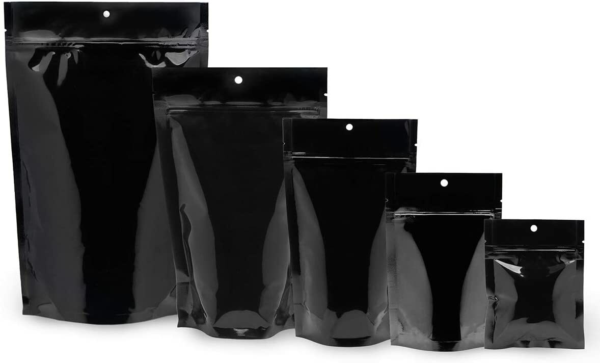 100 pcs Glossy Black Mylar Nylon Flat & Stand Up Pouch Zip Lock Smell Proof Bags