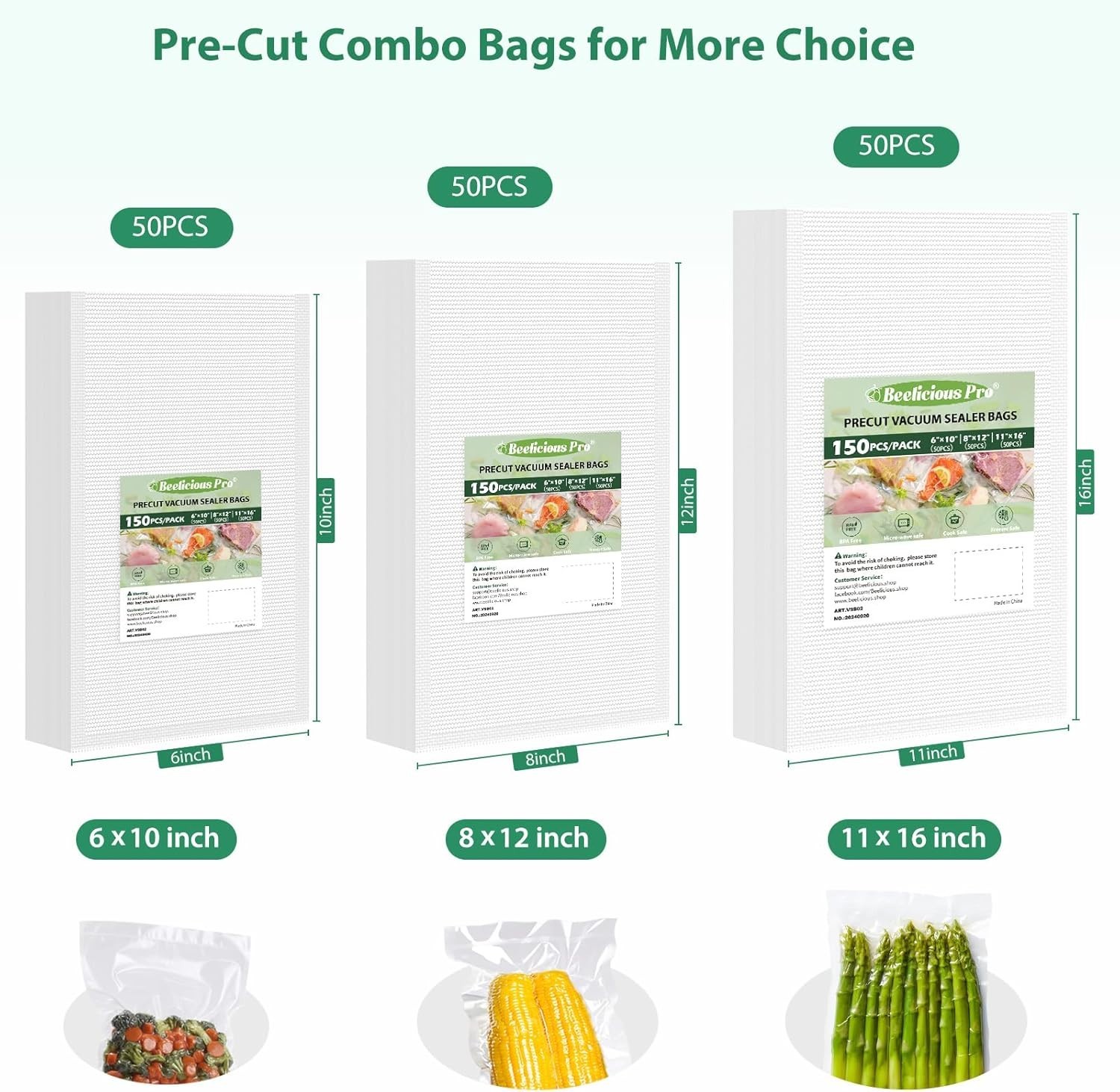 Vacuum Sealer Bags Mixed Sizes – 150 Precut Bags for Fresh Food Storage