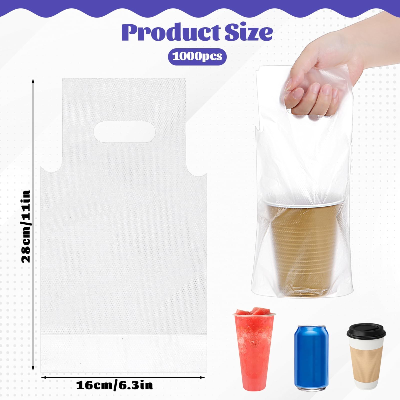 1000 Pcs Handle Drinking Poly Bags, 1 Cup Handle Drink Carriers Plastic Carri…