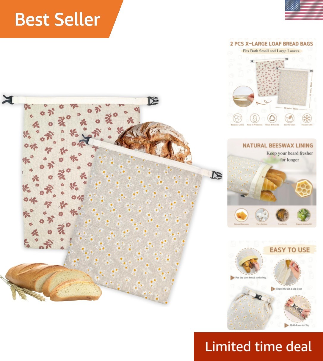 2 Pack Beeswax Bread Bags for Homemade Bread with Zipper, Large 13×17” Reusa…