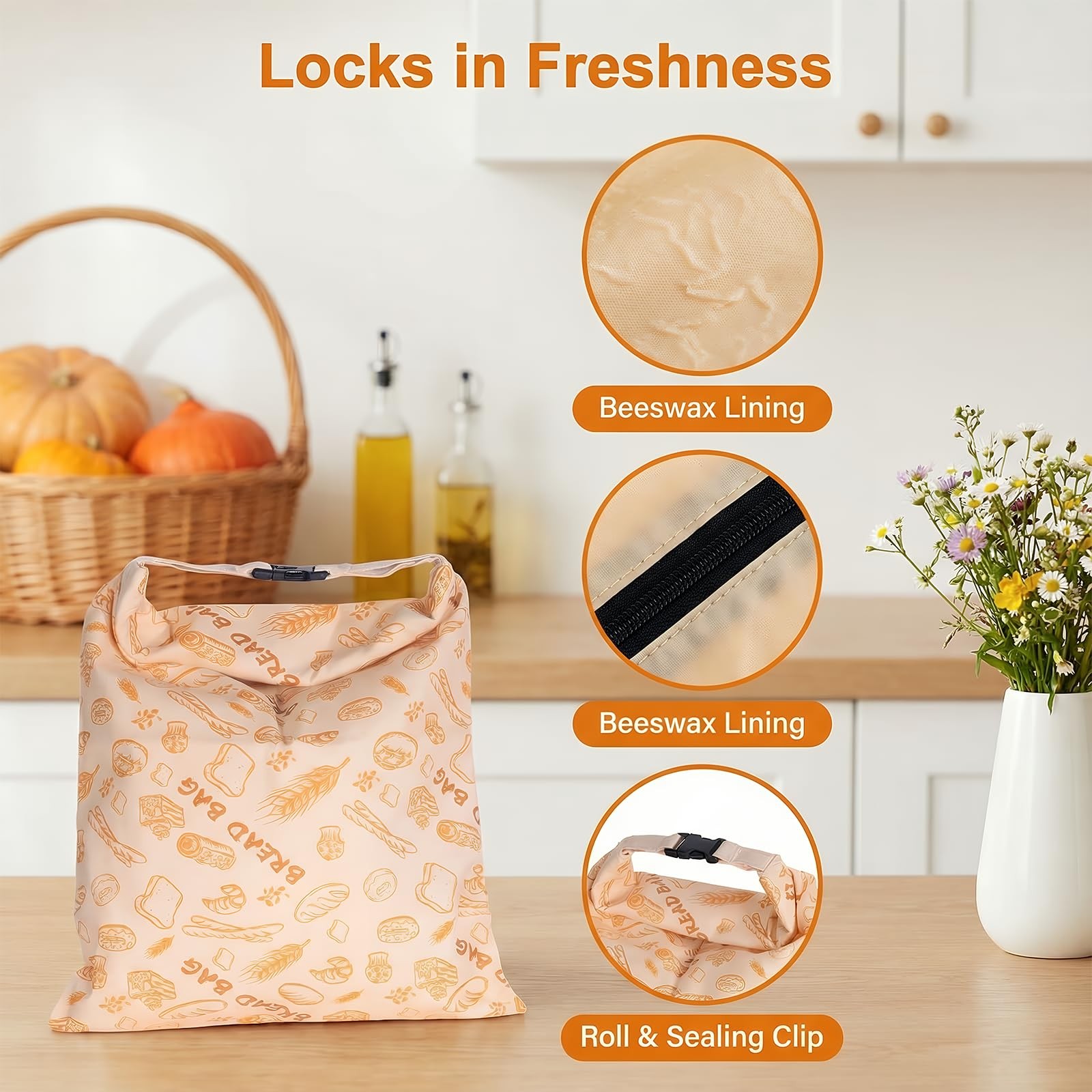 2 Pack Reusable Beeswax Bread Bags, 17×13 Inches Large 17 x 13 inches, Brown