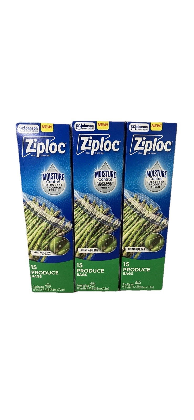 Ziploc Produce Bags Moisture Control Double Zipper 15 Per Box 45 Bags BPA FREE