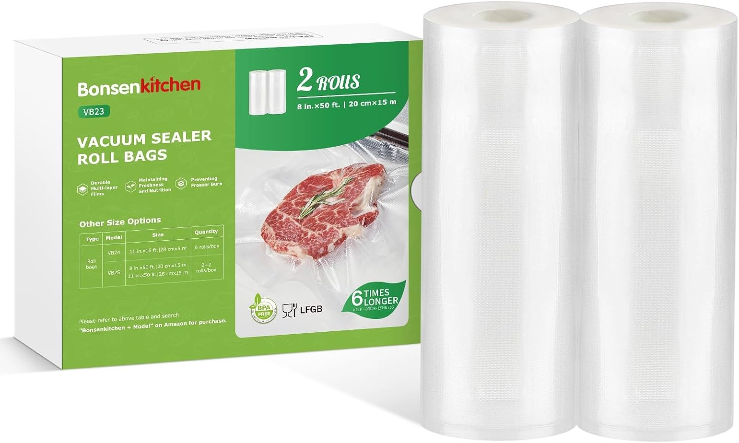 Vacuum Sealer Bags Rolls 8 in x 50 ft Rolls 2 pack Food Sealer Bags
