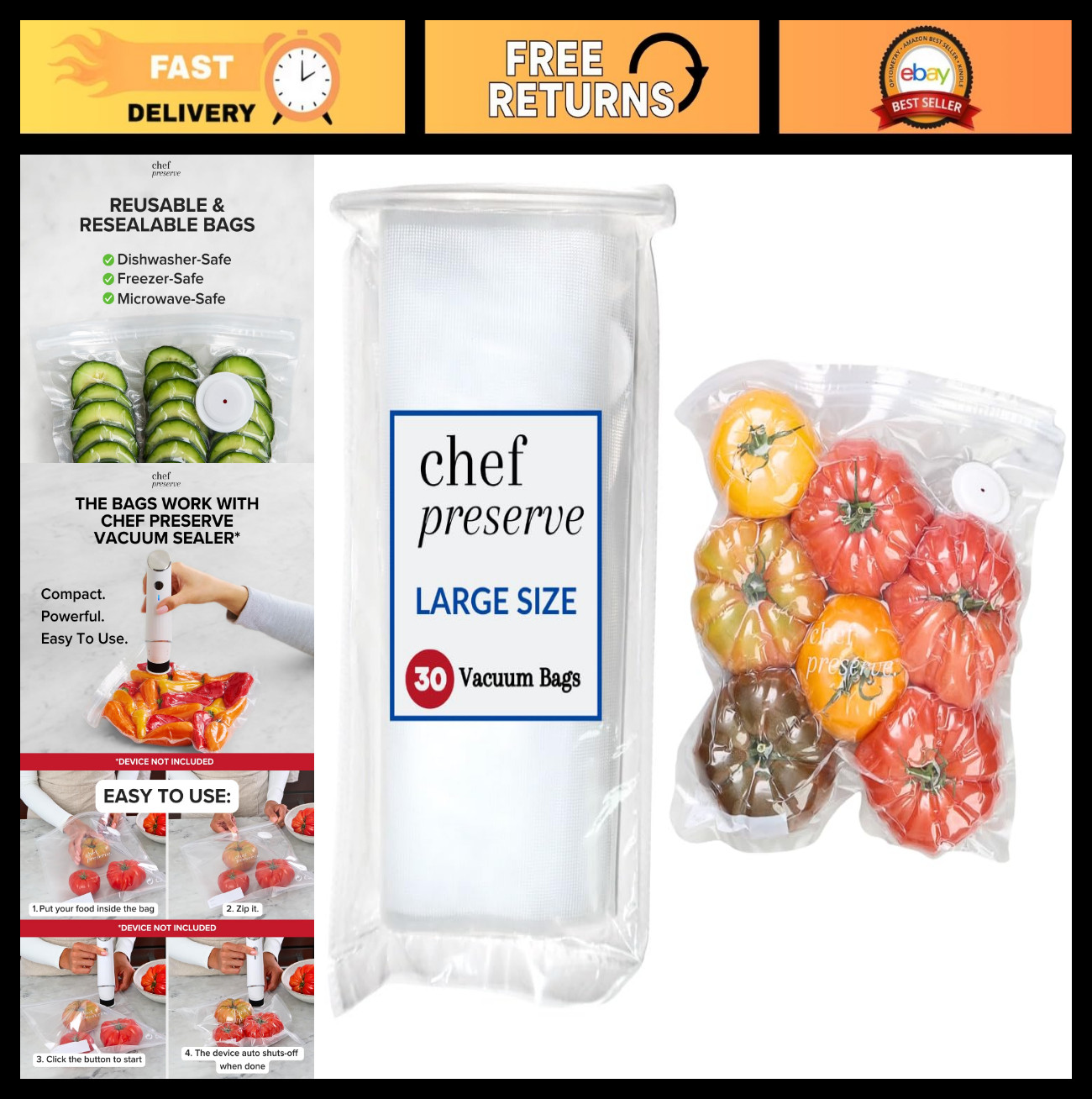 Reusable Vacuum Sealer Bags – 30 Large BPA-Free Food Storage Bags (12×13 in) – F