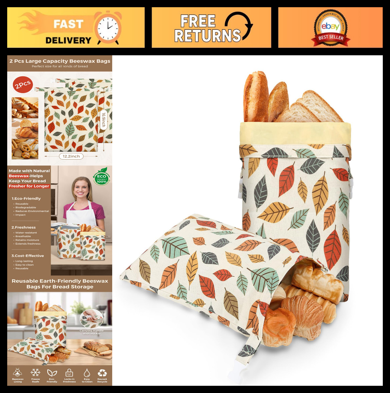 Reusable Beeswax Bread Bags 2-Pack – Organic Cotton Linen Food Storage, Extra La