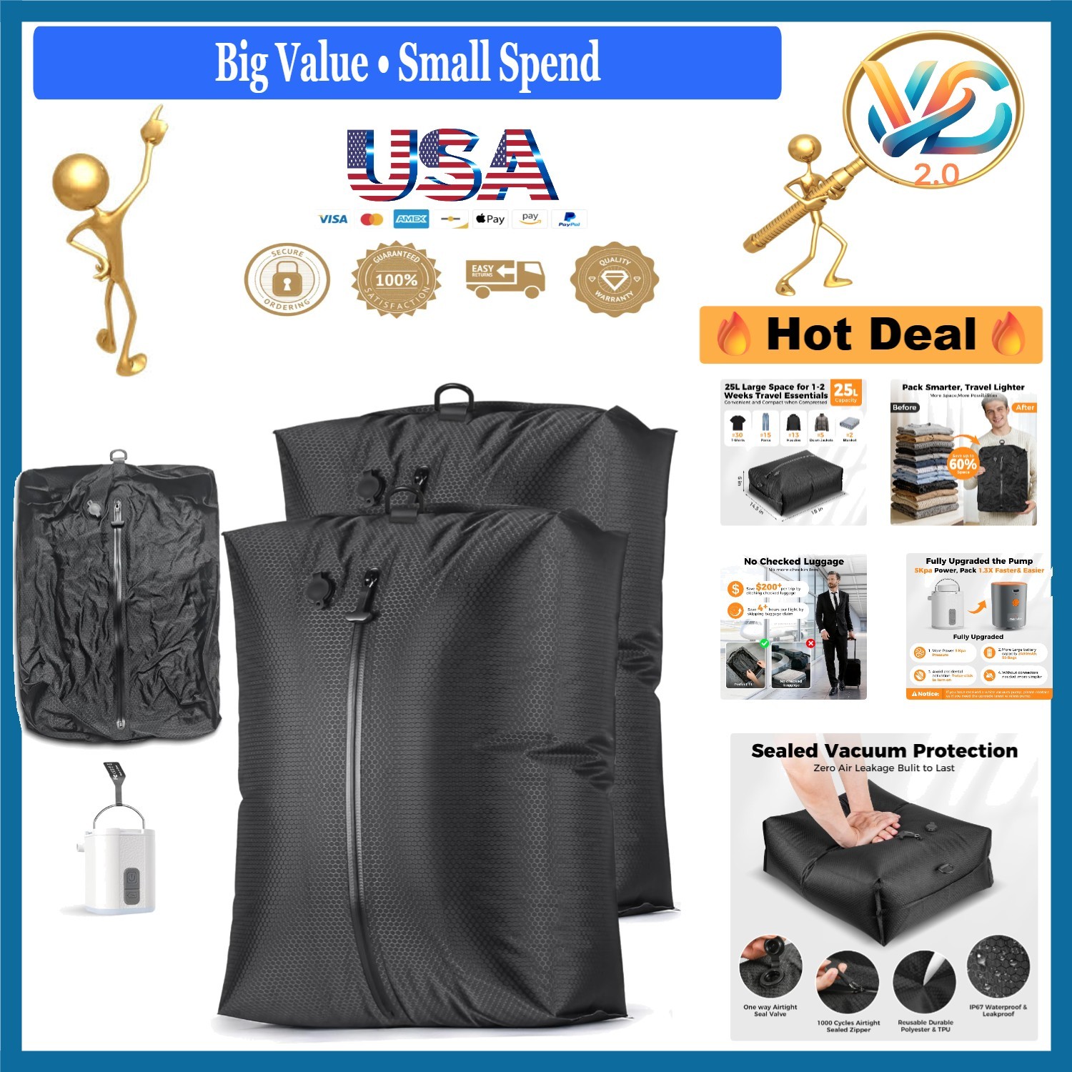 Travel Vacuum Seal Bags 25L Reusable Waterproof Pump for Travel Suitcase