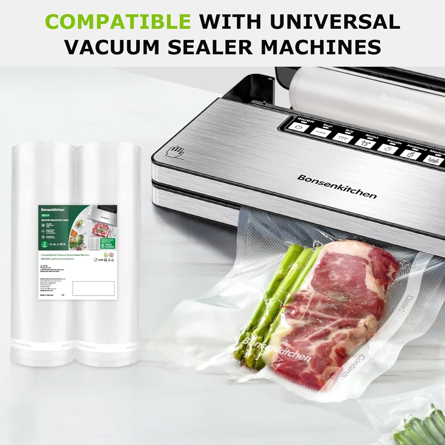 Reusable Microwave-Safe Vacuum Sealer Bags 2-Pack (11″x50 ft) for Food Saver