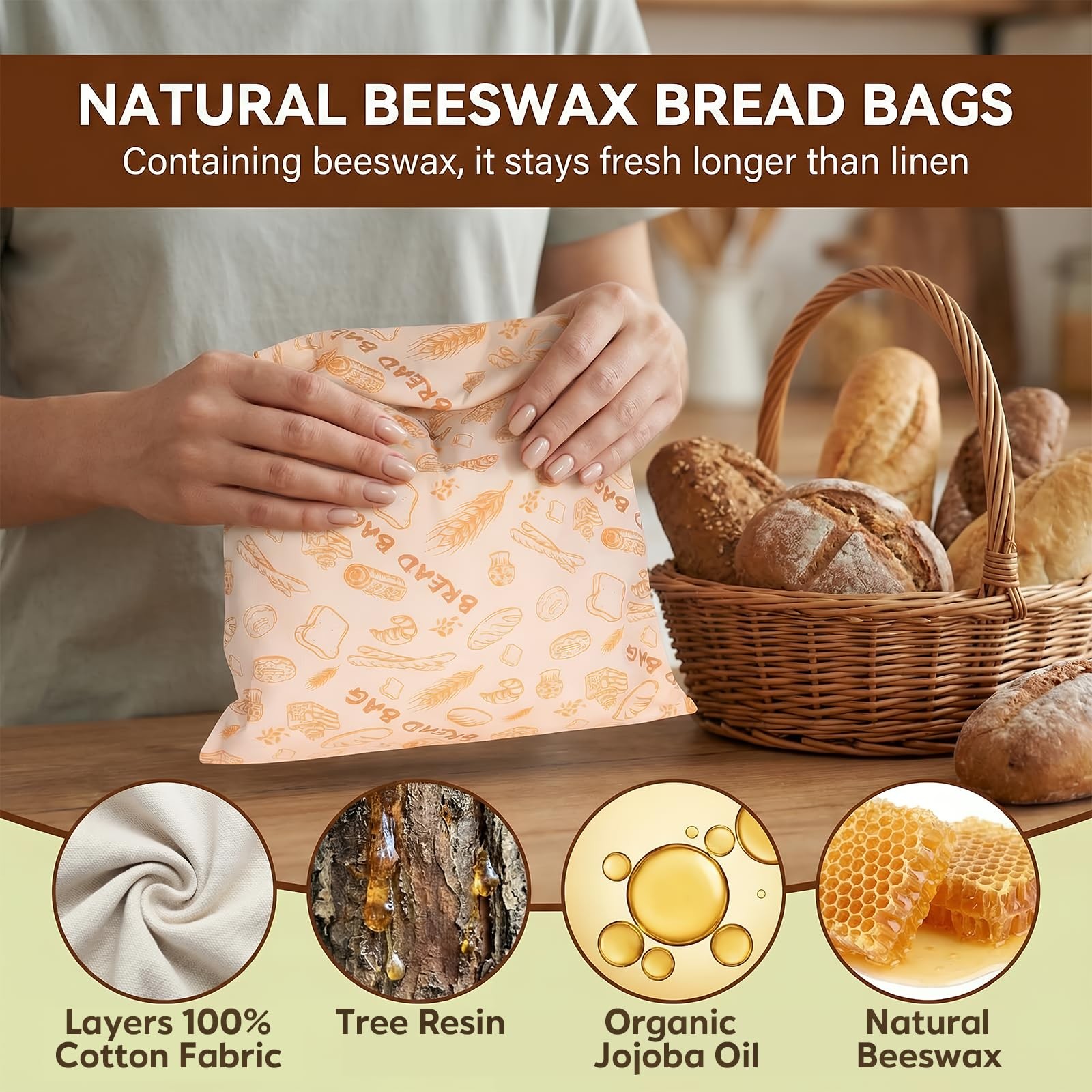 2 Pack Reusable Beeswax Bread Bags, 17×13 Inches Large 17 x 13 inches, Brown