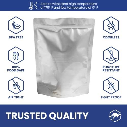 50 Count Mylar Bags 1-Quart with Labels, 12 Mil Thick, Airtight Food Storage Pou