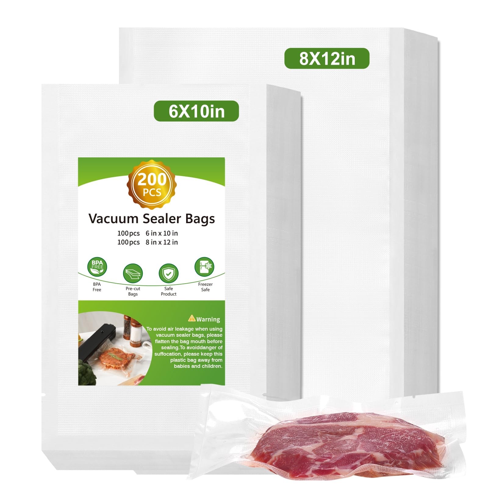 200pcs Vacuum Sealer Bags, 100 Quart 8″ x 12″ and 100 Pint 6″ x 10″, BPA Free…