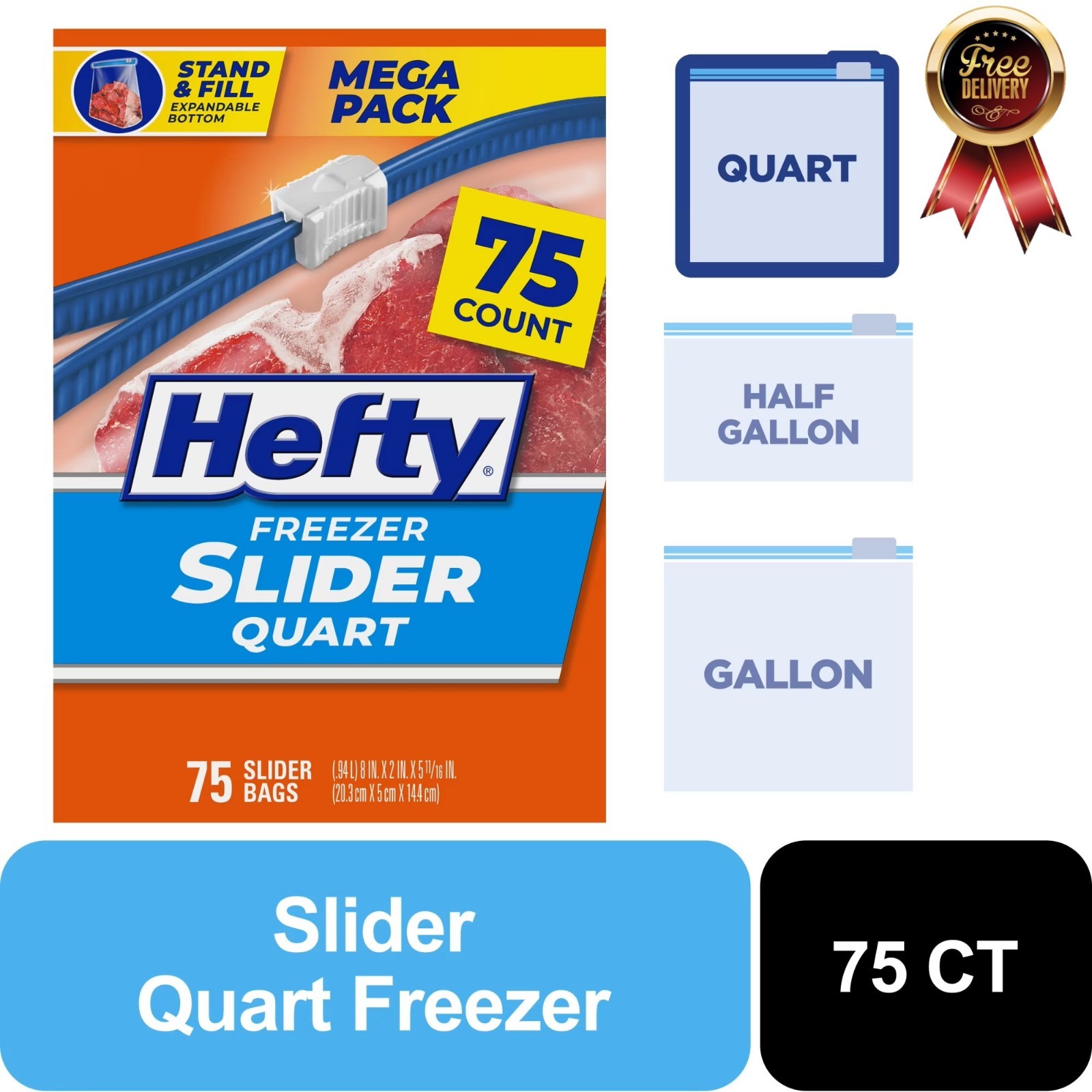Hefty Slider Freezer Storage Bags, Quart Size, 75 Count