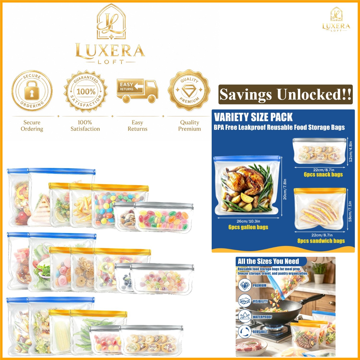 20 Pack Reusable Silicone Food Storage Bags Leakproof Freezer Bags Set of 20
